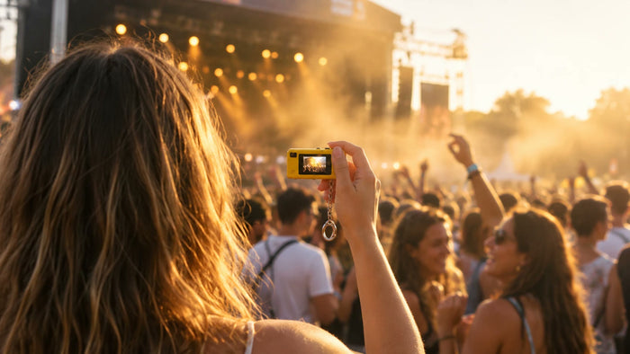 Festivalière filmant la scène au coucher du soleil avec sa mini caméra KAMINIZ jaune