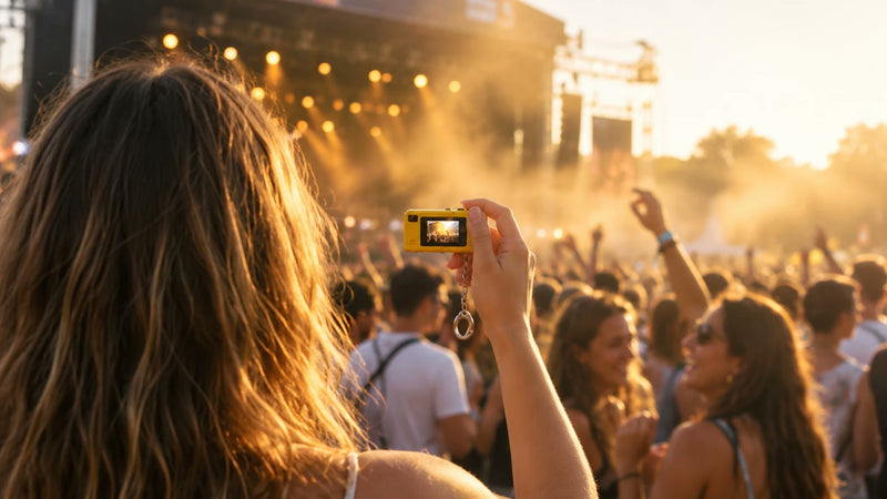 Festivalière filmant la scène au coucher du soleil avec sa mini caméra KAMINIZ jaune